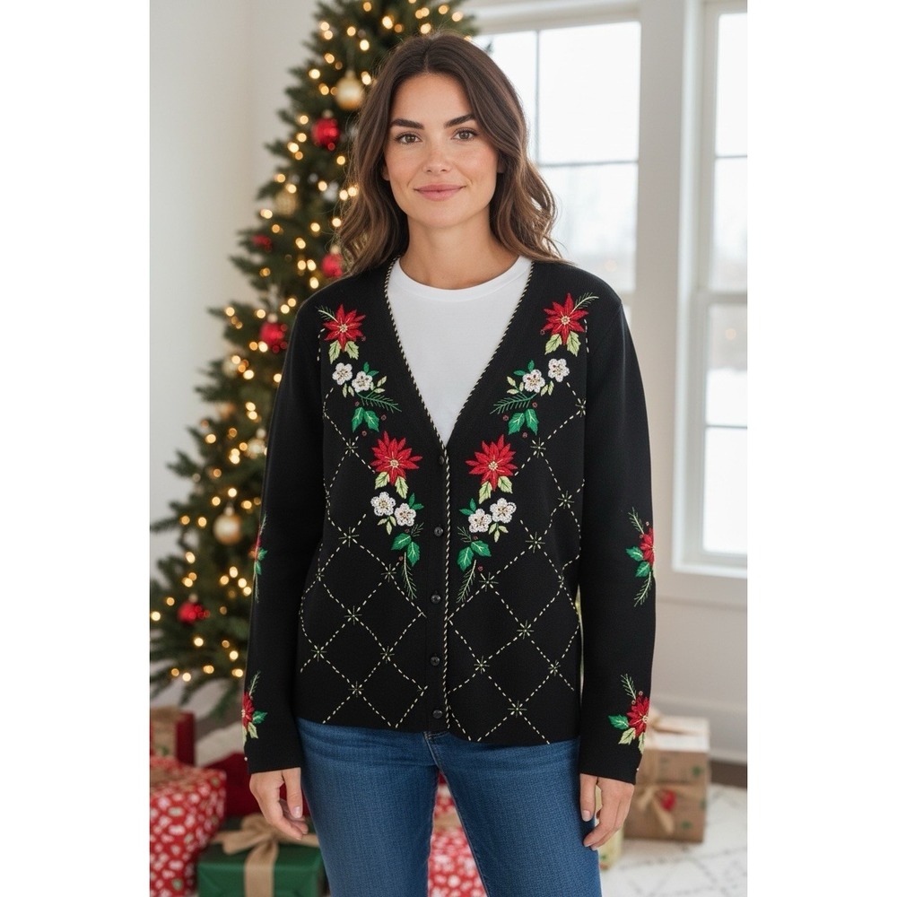 Vintage Christmas Cardigan‎ M Beaded Poinsettia Sweater Red Floral Holiday Party